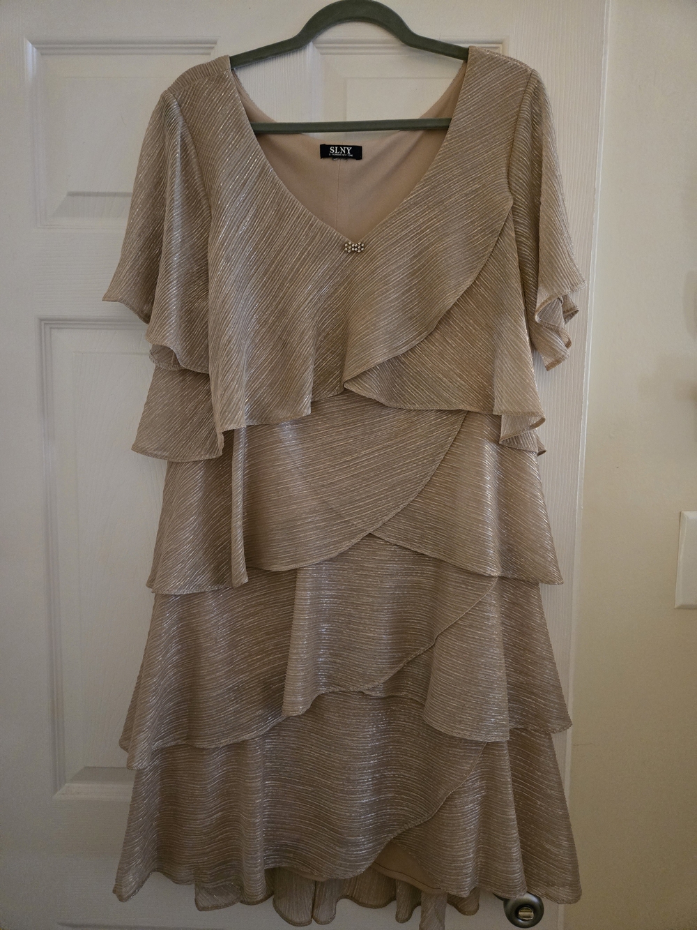 SLNY Champagne Tiered Ruffle Midi Dress